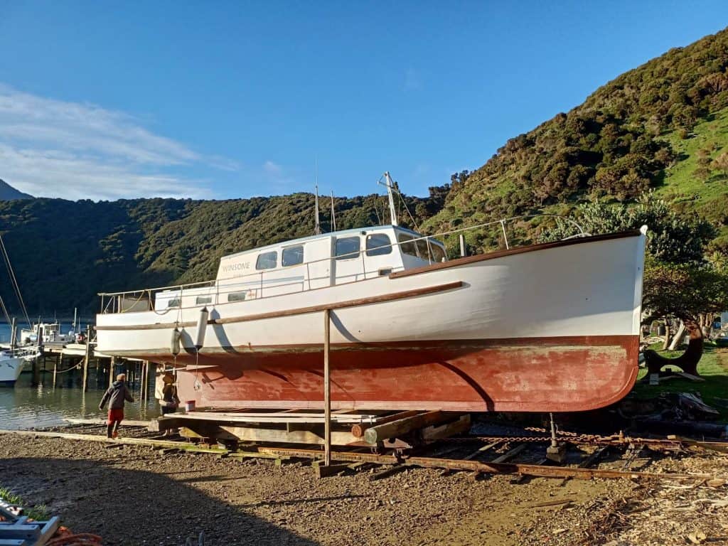 The Winsome on the slip at Wakatahuri. The boat is having maintenance work whilst out of the water