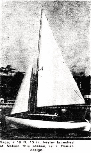 Copy of a black and white image of the yacht  Saga with the sails up.