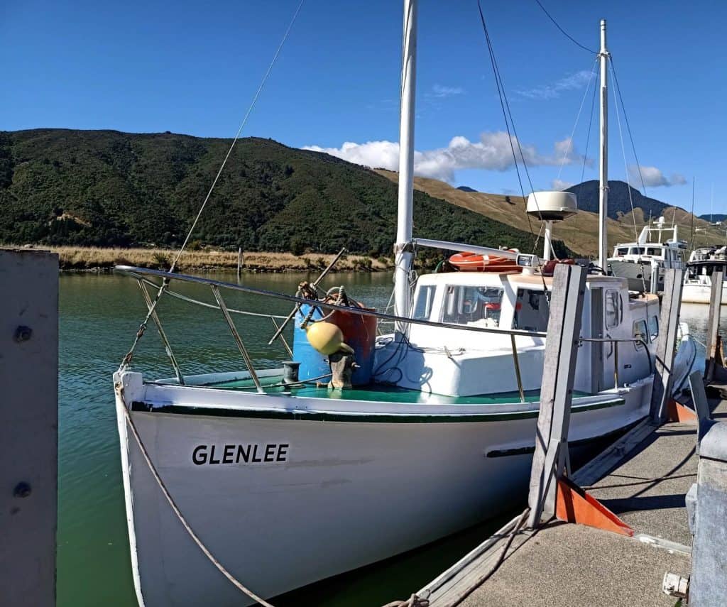 View of the Glen Lee boat tied to the fuel berth in Havelock, March 2023