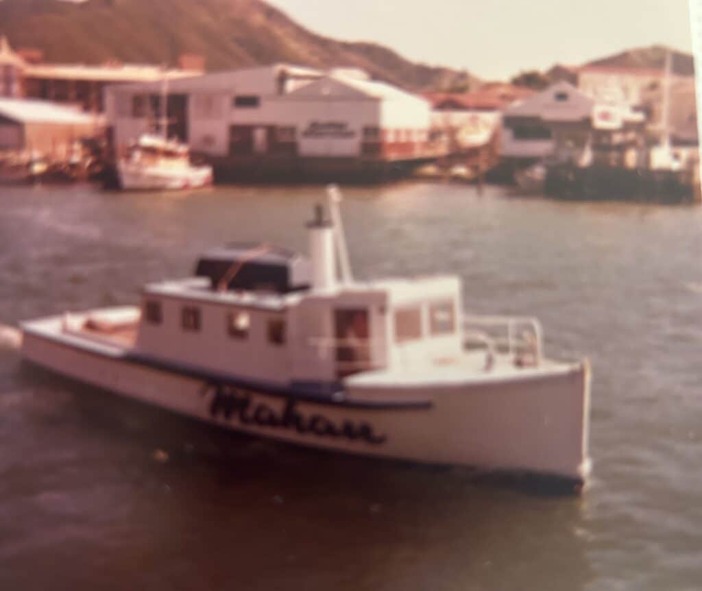 Mahau Colour photo of the boat Mahau travelling near the Coat Hanger Bridge in Picton with Dave Hayes at the helm.