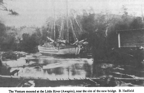 Black and white image of the boat Venture moored at Little River