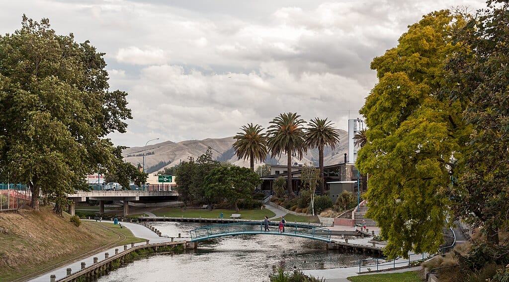 View of Ōpaoa River in blenheim with bridges across the river visible.