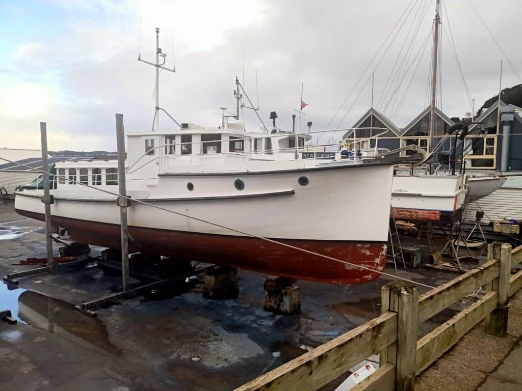 View of the boat Rehutai out of the water and on the hard stand in Wellington