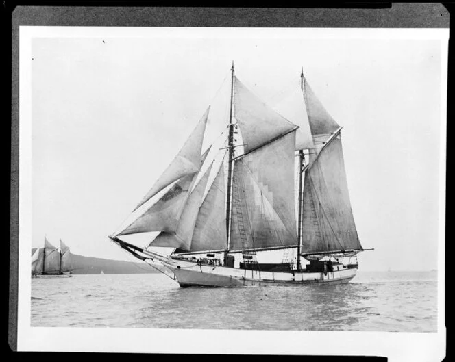 Black and white photo of the scow Alma at sea with her sails raised