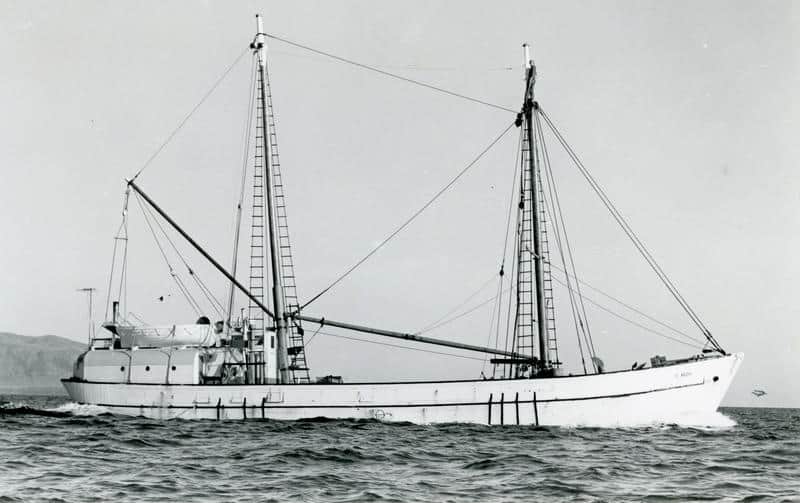 Black and white photograph of the scow Te Aroha at sea taken by Victor H Young.