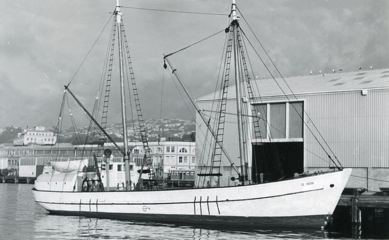 Black and white photograph of Te Aroha alongside wharf at Wellington, Circa 1970.