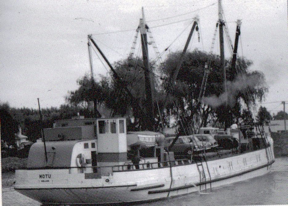 Black and white image of the stern of Motu. The deck is loaded with cars.