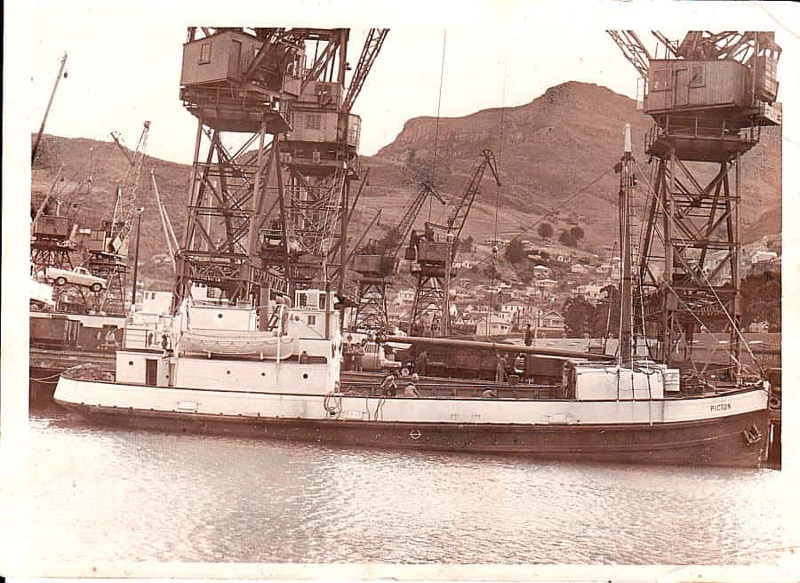 Sepia toned image of the side of Picton at port