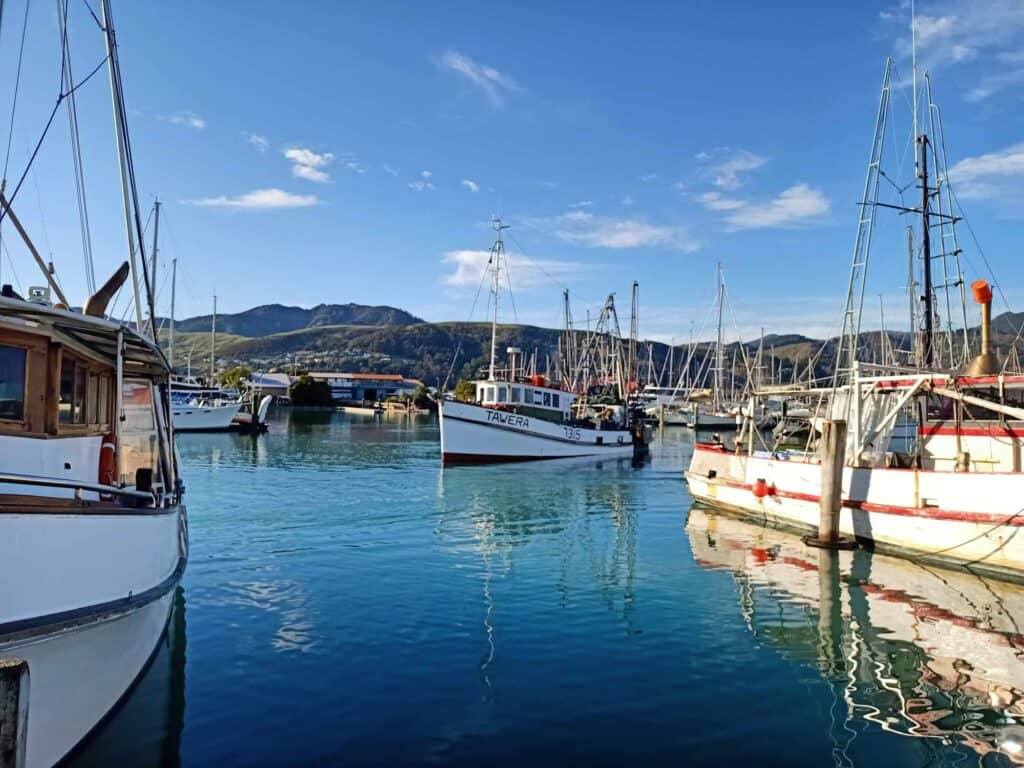 View of the boat Tawera leaving its berth in Nelson Marina.