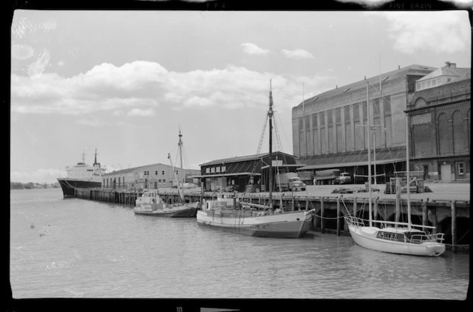 Black and white image of the scows Jane Gifford and Owhiti at Kings Wharf Auckland, 1971